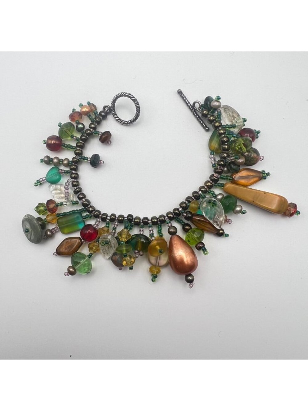 Sterling Silver Gemstone Glass Bead Fringe Charm Bracelet 6.5" Artisan Boho
